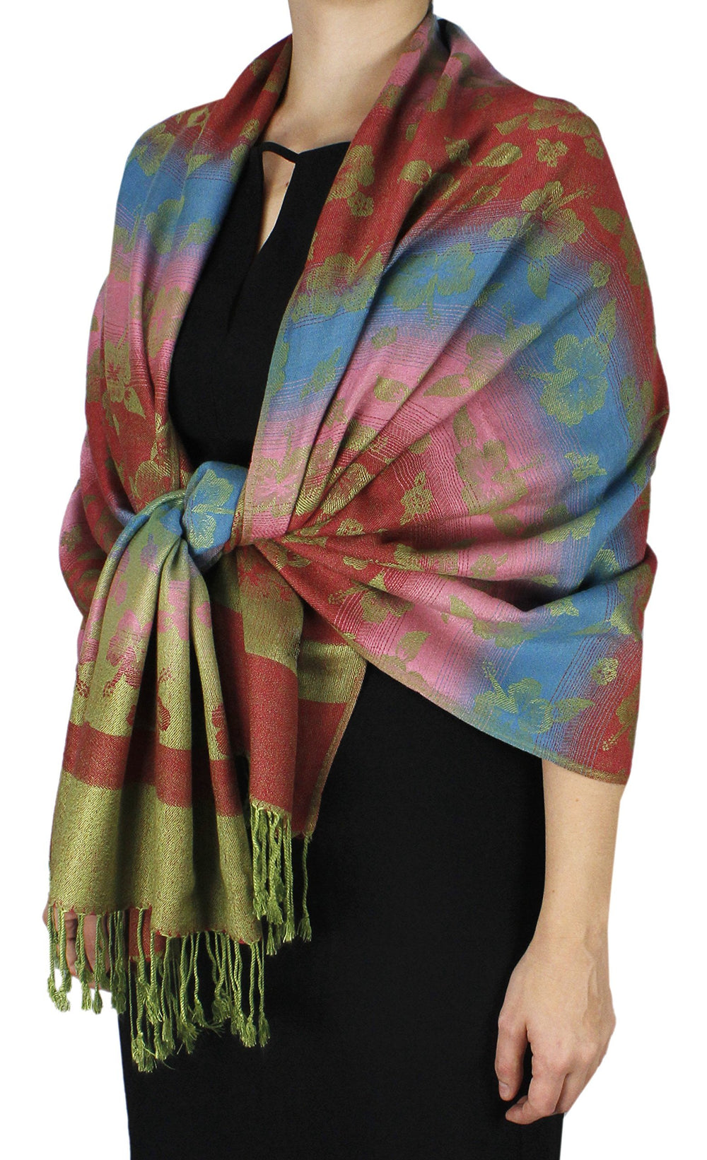 Kelly green silky pashmina shawl featuring a vibrant rainbow gradient and classic fringed ends.