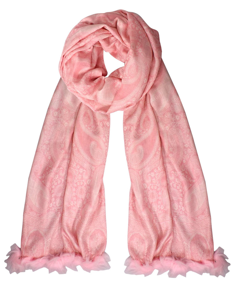 Baby Pink Bohemian Paisley Pashminas Winter Scarves with Fur Tasseled Pom poms
