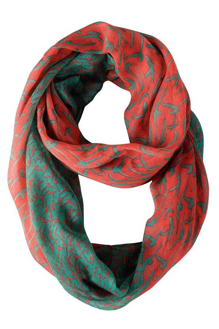 Green/Coral Peach Couture Beautiful Vintage Two Colored Bird Print Infinity Loop Scarf Scarves