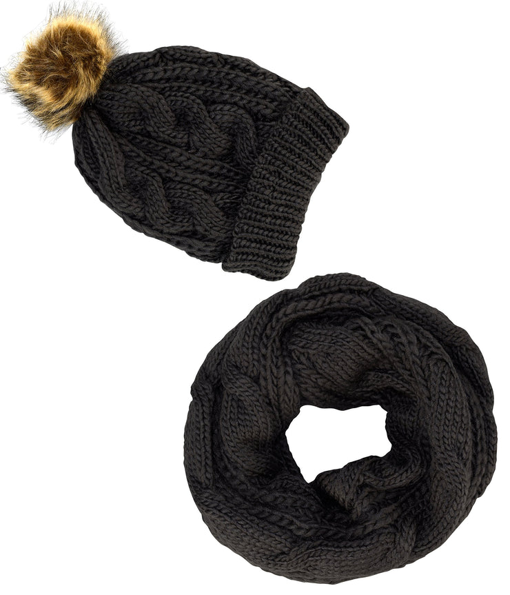 A7097-2Pair-Cable-Hat-Scarf-Black-KL