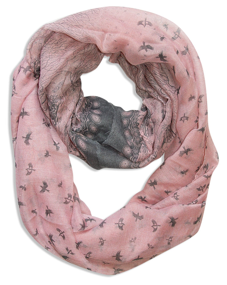 Pink/Grey Peach Couture Beautiful Vintage Two Colored Bird Print Infinity Loop Scarf Scarves