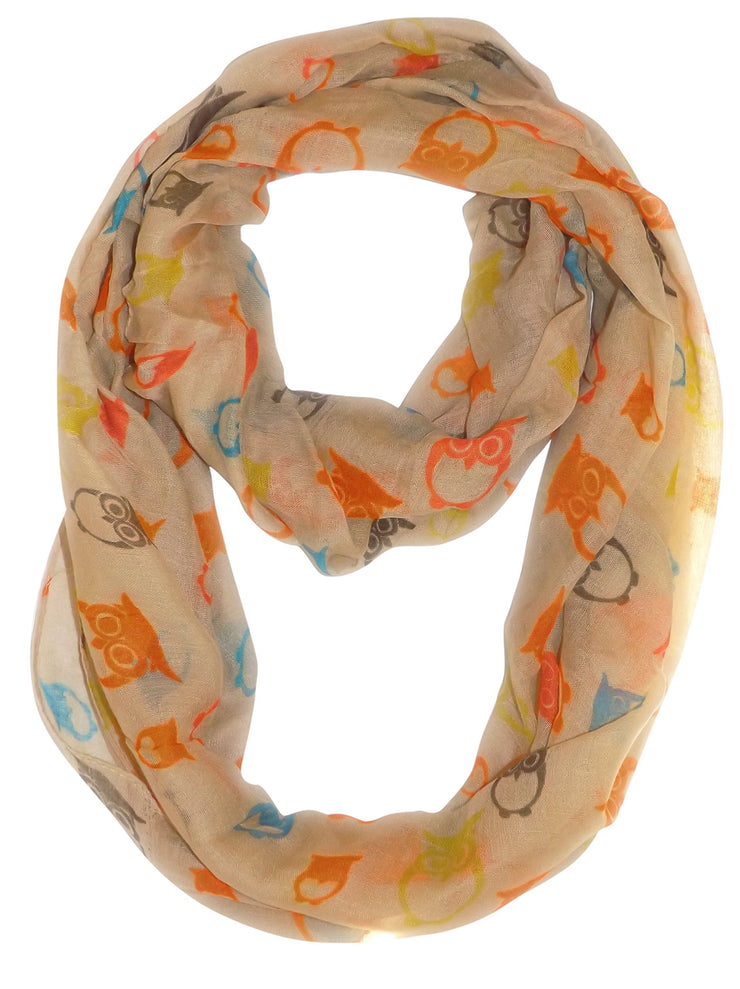 Tan Peach Couture Stunning Colorful Lightweight Vintage Owl Print Infinity Loop Scarf