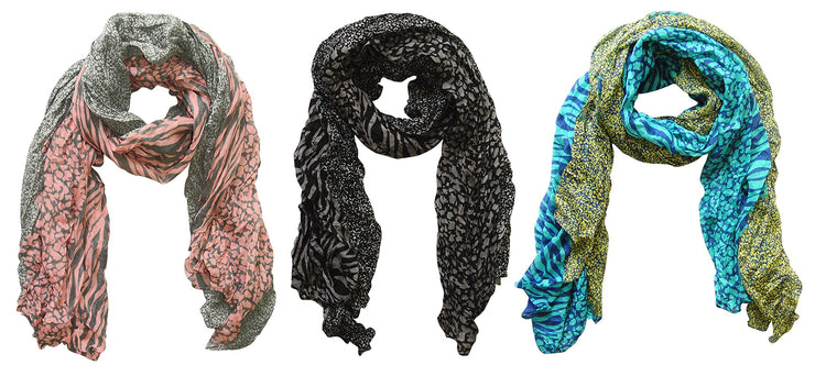 Grey/pink, Grey/black, Teal/yellow Peach Couture All Seasons Retro Zebra and Leopard Print Crinkle Scarf