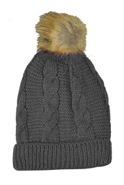 Women's Thick Knit Crochet Folder Over Pom Pom Winter Beanie Hat