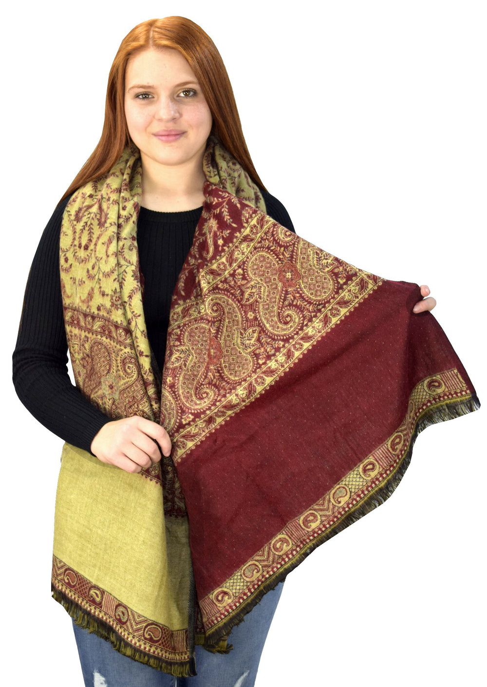 Maroon reversible paisley pashmina shawl with a thick 4-ply weave.
