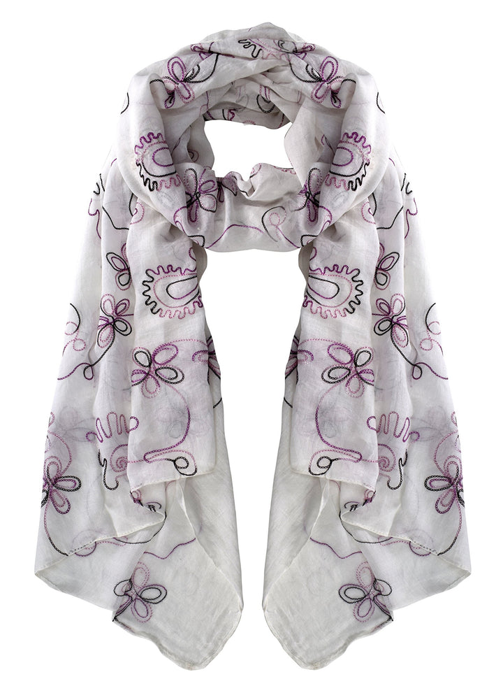 White embroidered sheer floral scarf wrap shawl for fall fashion wear