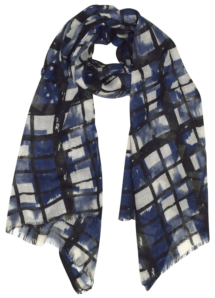 Navy Squares Soft and Sheer Wool Blend Scarf Shawl Wrap