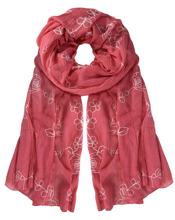 Coral Rose All Seasons Floral Embroidered Flower Summer Shawl Scarf Wrap