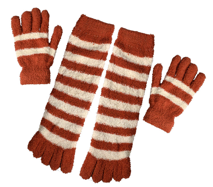 Orange Winter Warm Striped Fuzzy Toe Socks and Gloves Pack