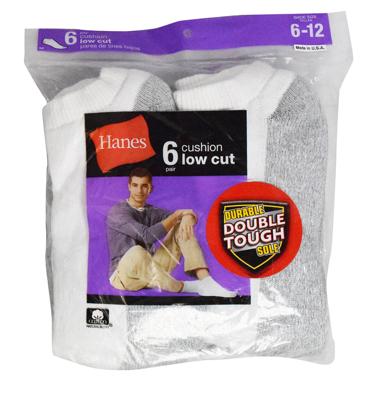 Hanes Men's Full Cushion Low Cut Value 6 pack Socks (White and Grey, Size 6-12)