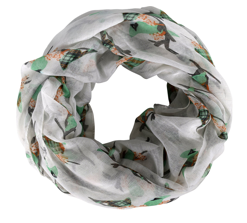 Two-toned multicolor plaid infinity scarf with a delicate bird print pattern for women