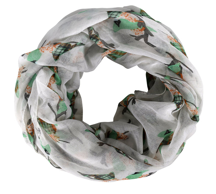 Women's two-toned white and mint multicolor plaid infinity scarf featuring a delicate bird print pattern