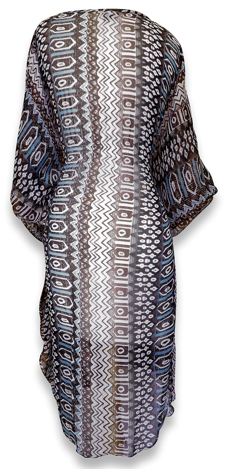 Light Weight Geometric Tribal Print Long Sleeve Fabric Belt Summer Tunic Mini dress Tribal Brown Medium