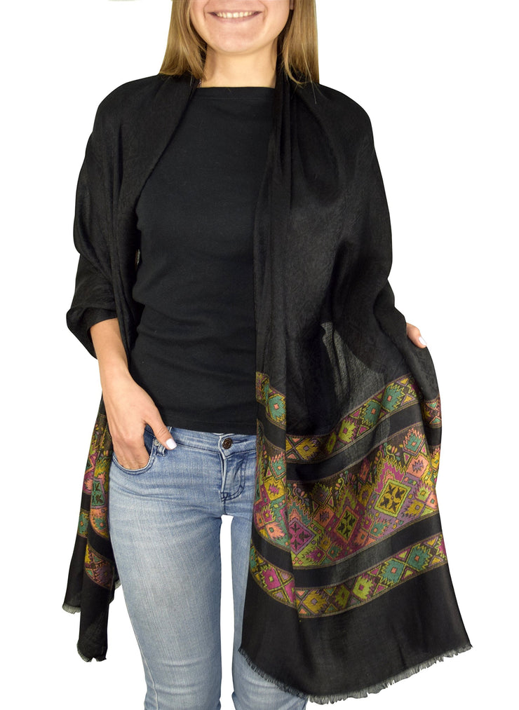 Tribal Black Peach Couture Exclusive Silky Shiny Tribal Paisley Printed Fringe Scarf
