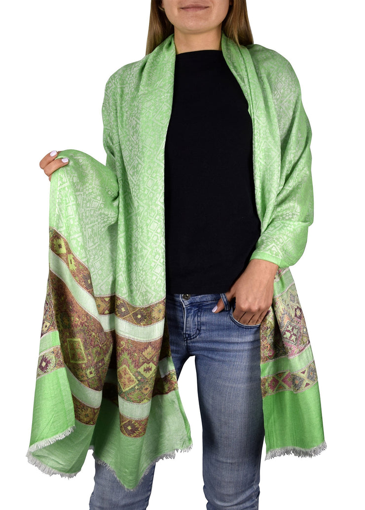 Tribal Green Peach Couture Exclusive Silky Shiny Tribal Paisley Printed Fringe Scarf