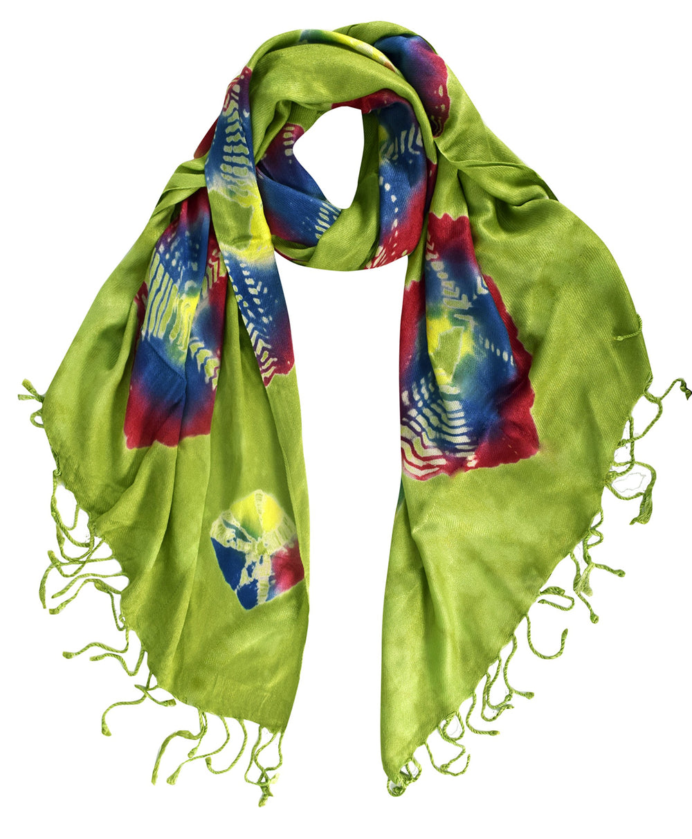Vintage-inspired colorful tie-dye pashmina shawl with decorative fringe edges