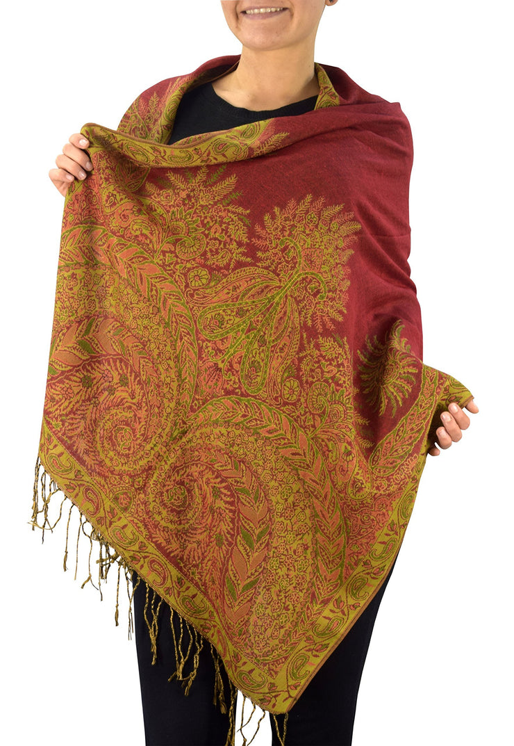 Red Soft Vintage Persian Paisley Printed Solid Pashmina Shawl Scarf