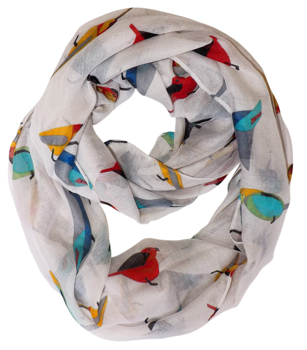 Lightweight white sheer scarf featuring a vintage finch bird all-over print pattern for women