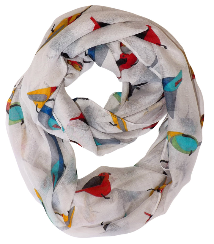 Lightweight white sheer scarf featuring a vintage finch bird all-over print pattern for women
