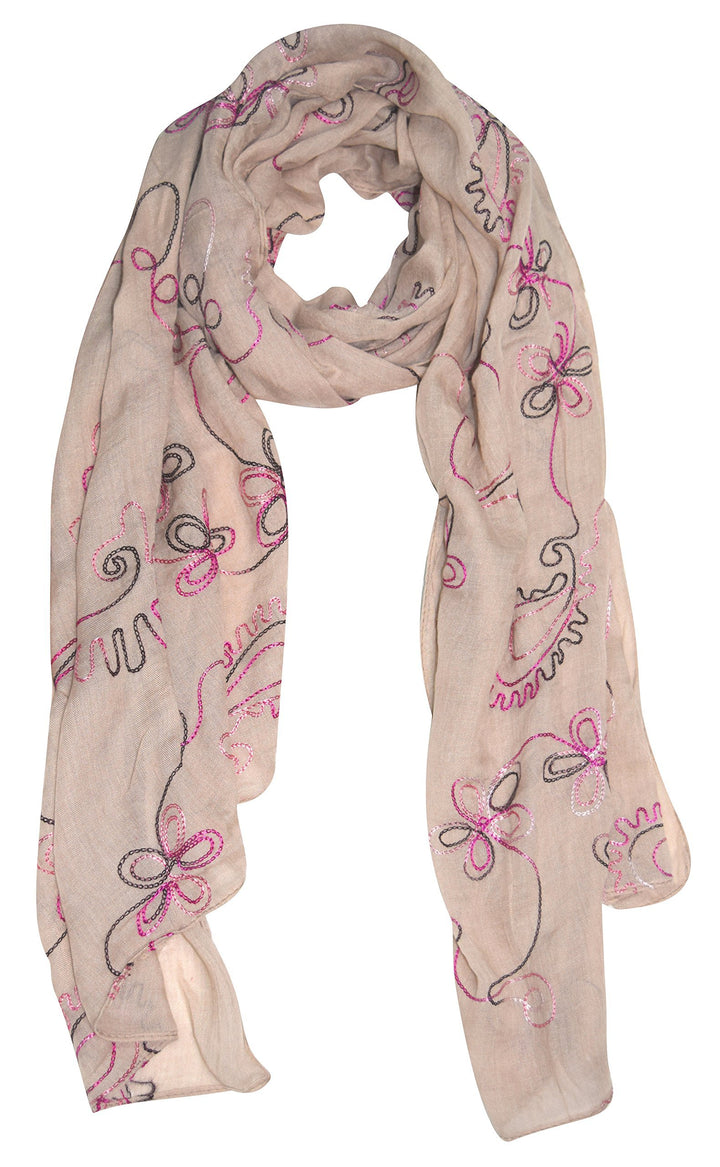 Tan summer scarf with embroidered floral blossoms and sheer fabric design