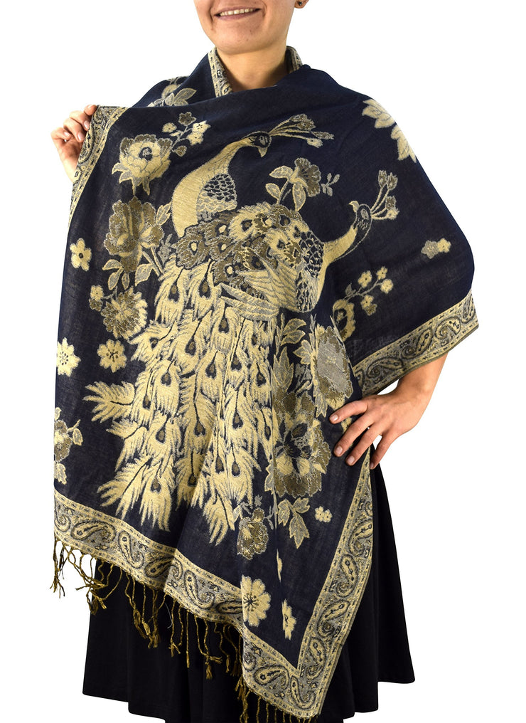 Midnight Blue Floral Peacock Reversible Shimmer Layered Pashmina Wrap Shawl Scarf
