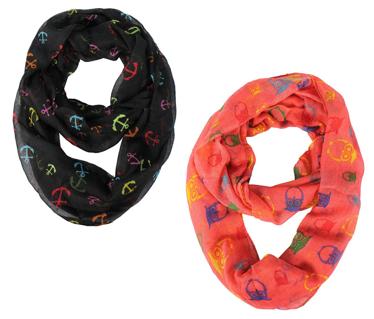 Black Coral Peach Couture Stunning Colorful Lightweight Vintage Owl Print Infinity Loop Scarf
