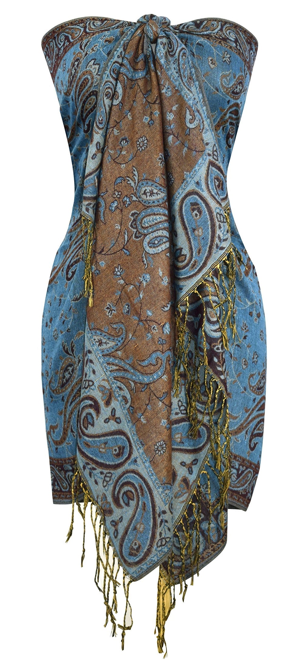 Elegant double-layered reversible pashmina shawl featuring an intricate teal and peach paisley pattern with delicate fringe trim.