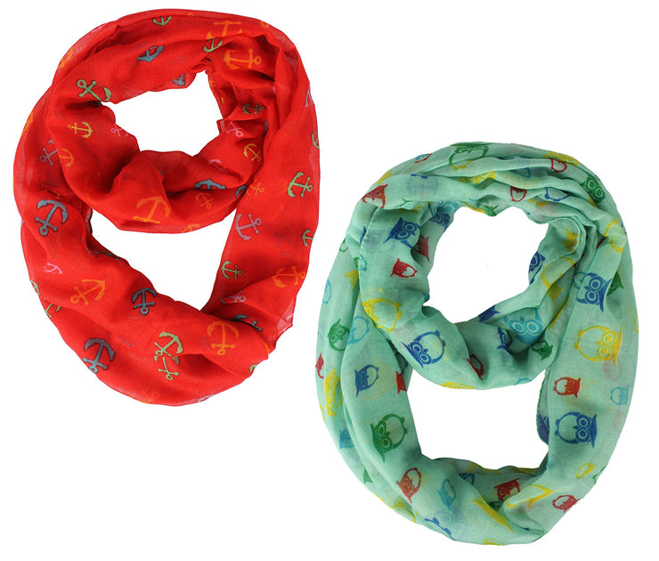 Red Green Peach Couture Stunning Colorful Lightweight Vintage Owl Print Infinity Loop Scarf