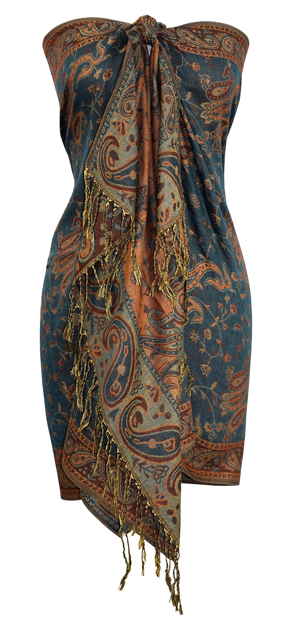 Reversible jacquard pashmina shawl with an intricate gold and green paisley pattern and fringed edges.