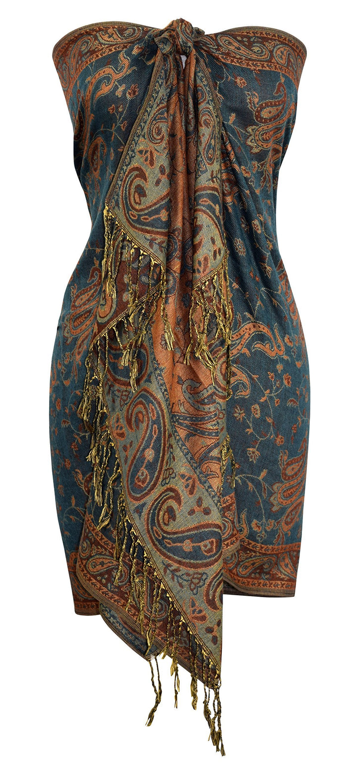 Reversible jacquard pashmina shawl with an intricate gold and green paisley pattern and fringed edges.