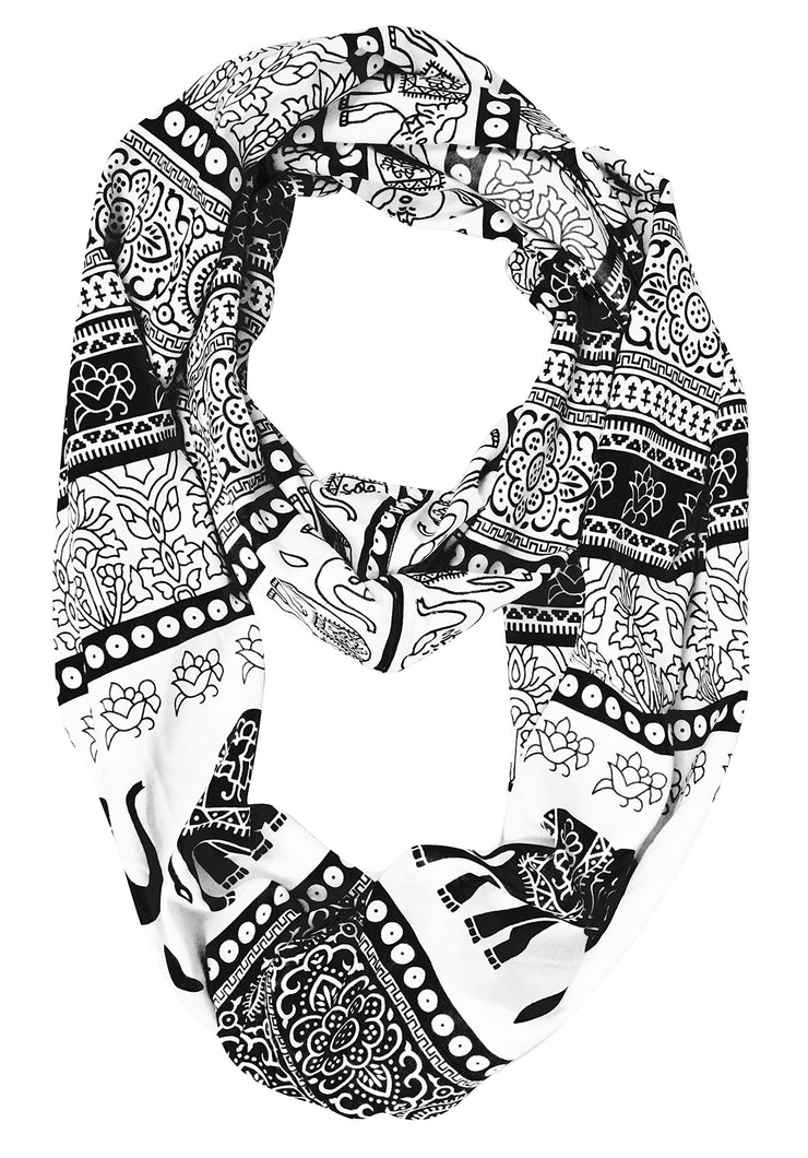 White Tribal Paisley Floral Elephant Animal Print Infinity Loop Scarf