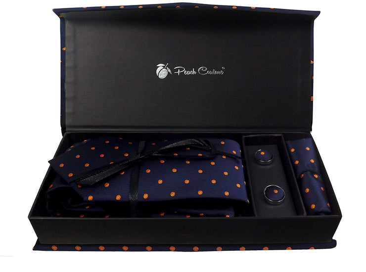 Men's Silk Feel Necktie Cufflinks Pocket Square Handkerchief Set