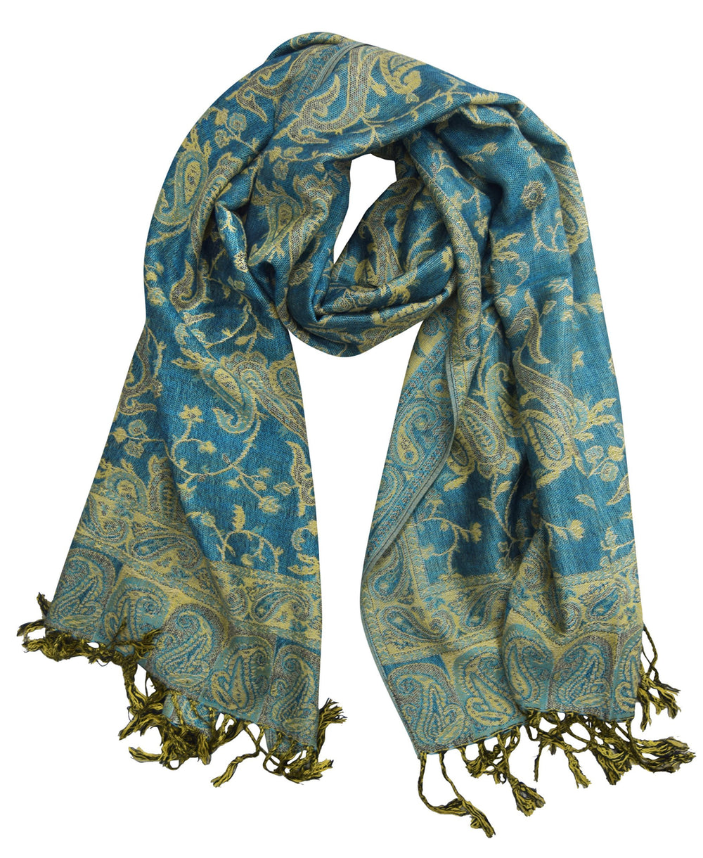 Reversible turquoise and peach pashmina shawl featuring an elegant paisley pattern and fringe trim.