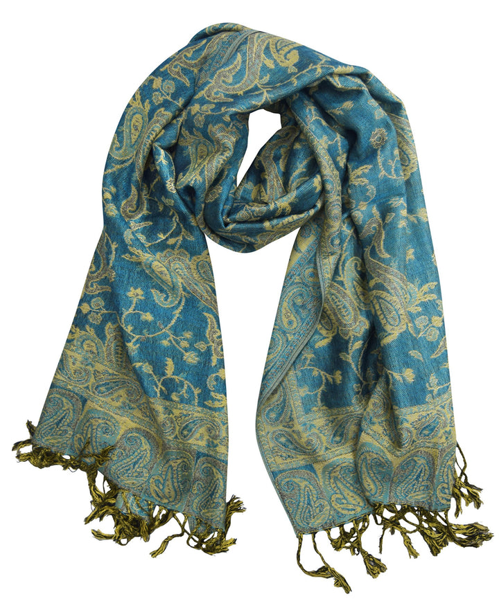 Reversible turquoise and peach pashmina shawl featuring an elegant paisley pattern and fringe trim.