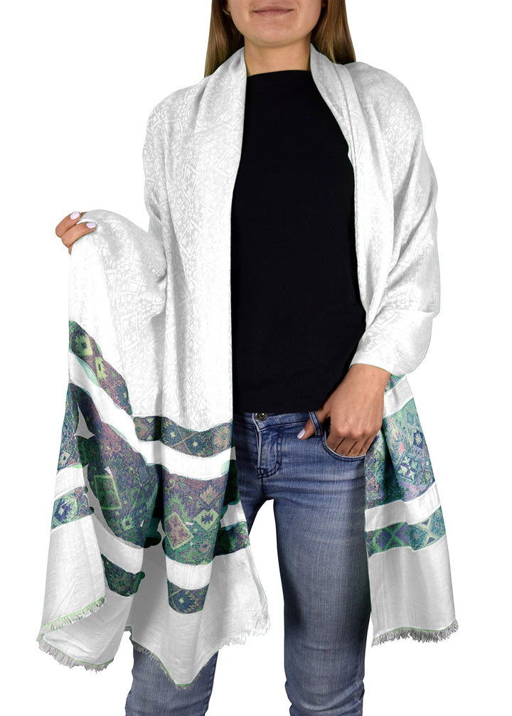 Tribal White Exclusive Silky Shiny Tribal Paisley Printed Fringe Scarf