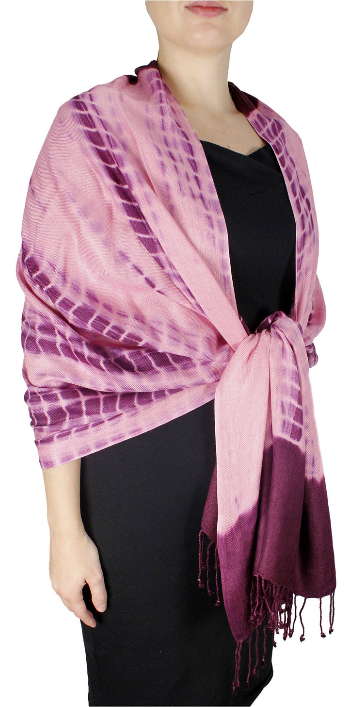 Plum and bubble gum pink tie-dye pashmina shawl with fringe trim