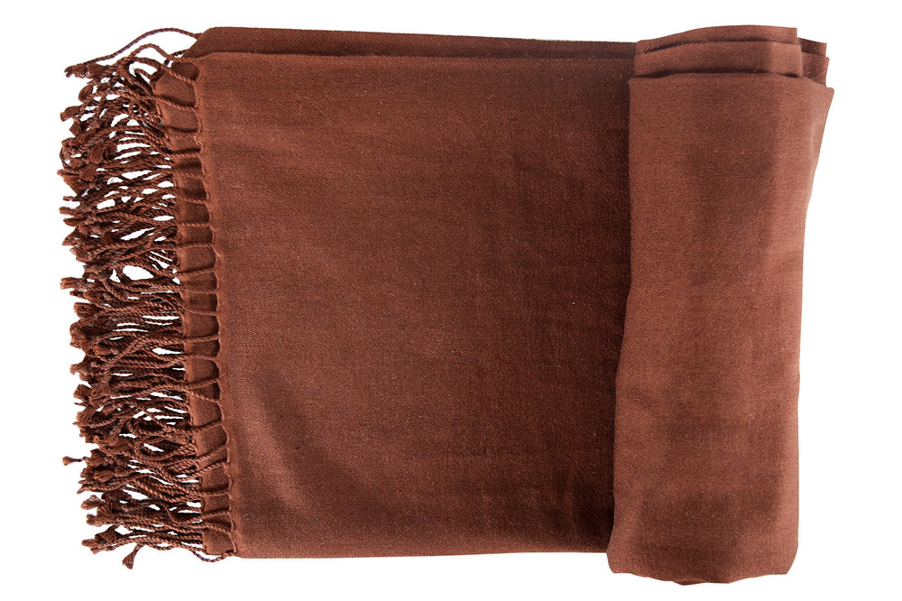 Brown luxurious cashmere fine wool travel throw blanket scarf in solid dark chocolate brown color