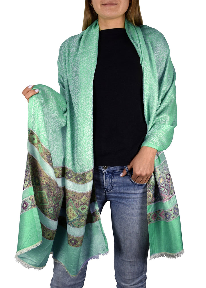 Tribal Aqua Exclusive Silky Shiny Tribal Paisley Printed Fringe Scarf