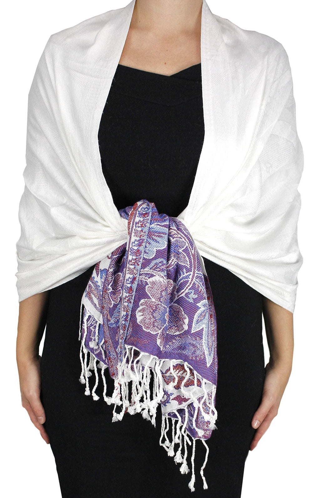 Reversible pashmina wrap shawl featuring an intricate paisley and floral border design in white and peach.