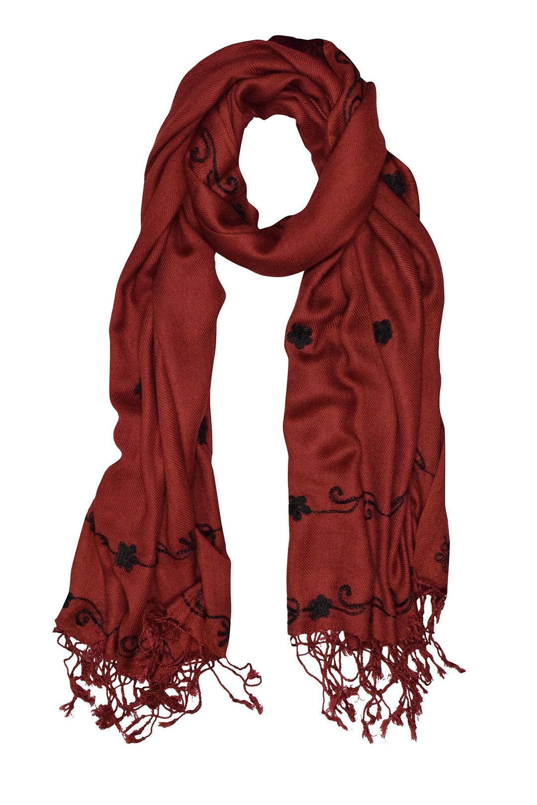 Lightweight semi-sheer summer scarf featuring delicate floral embroidery and fringed edges on soft breathable fabric