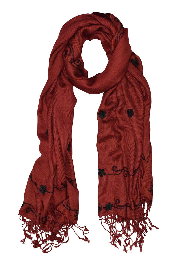 Lightweight semi-sheer summer scarf featuring delicate floral embroidery and fringed edges on soft breathable fabric
