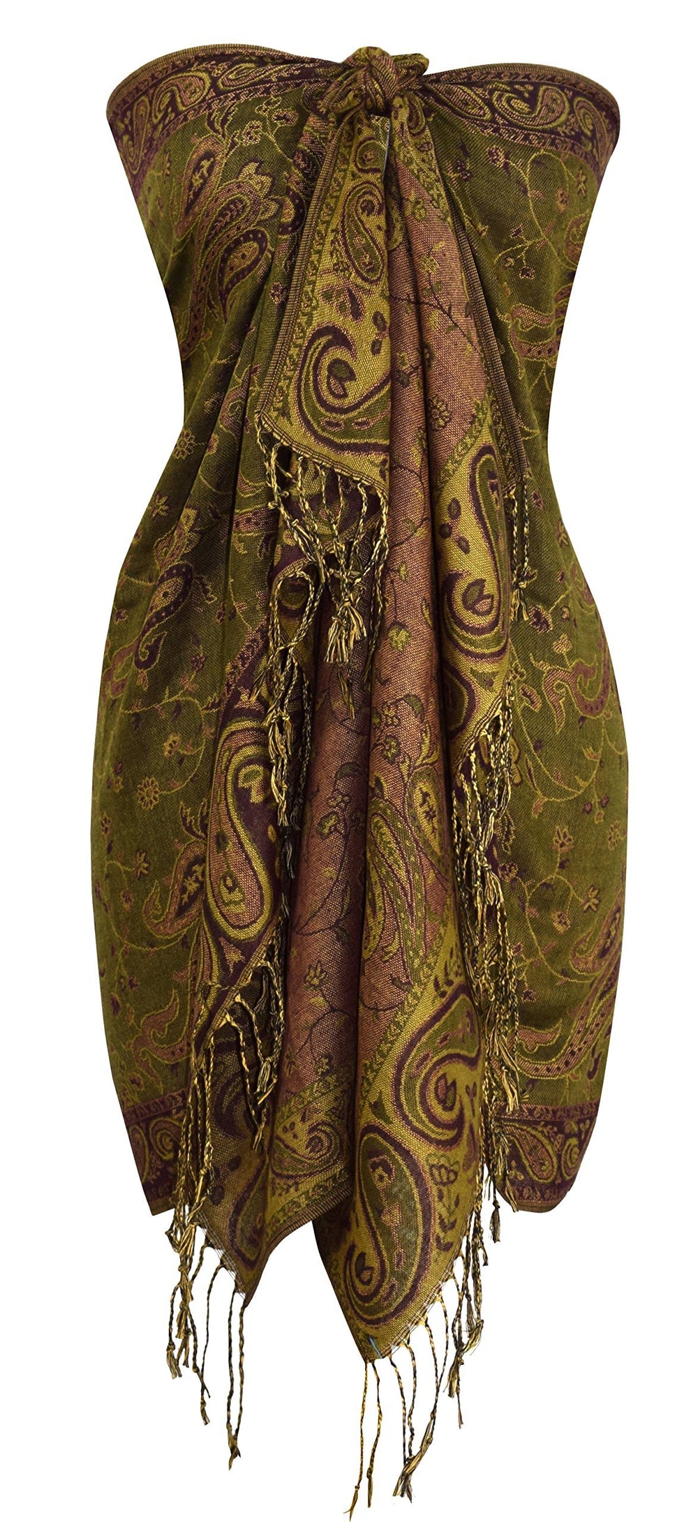 Elegant double layer reversible paisley pashmina shawl wrap scarf in hunter green and peach.