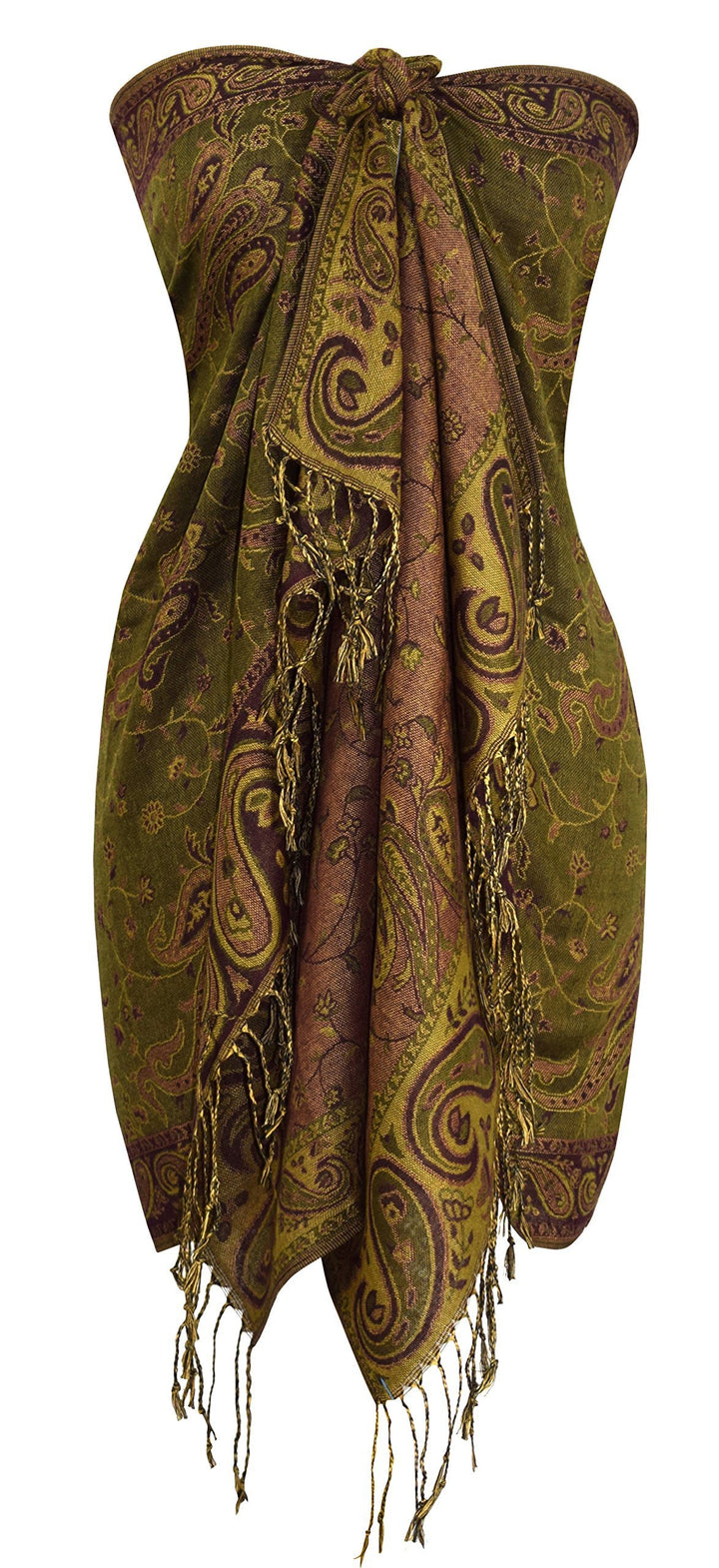 Elegant double layer reversible paisley pashmina shawl wrap scarf in hunter green and peach.