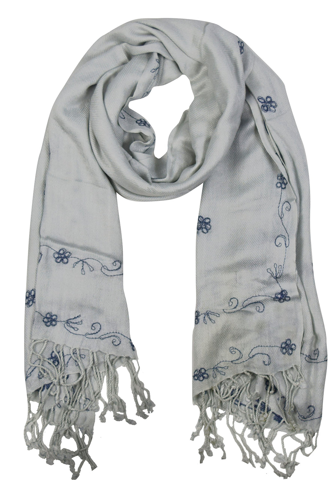 Lightweight white summer scarf featuring delicate white floral embroidery and a soft, breathable texture for versatile styling as a shawl or wrap.