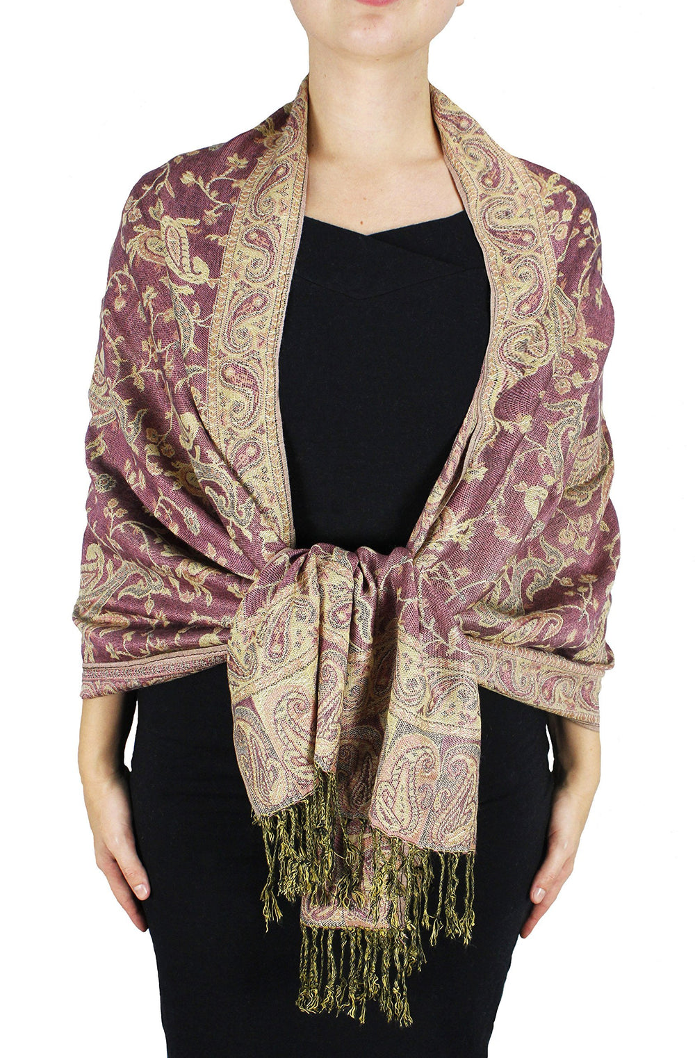 Pink peach and tan reversible double-layer pashmina shawl with an intricate jacquard paisley pattern and delicate fringe trim.