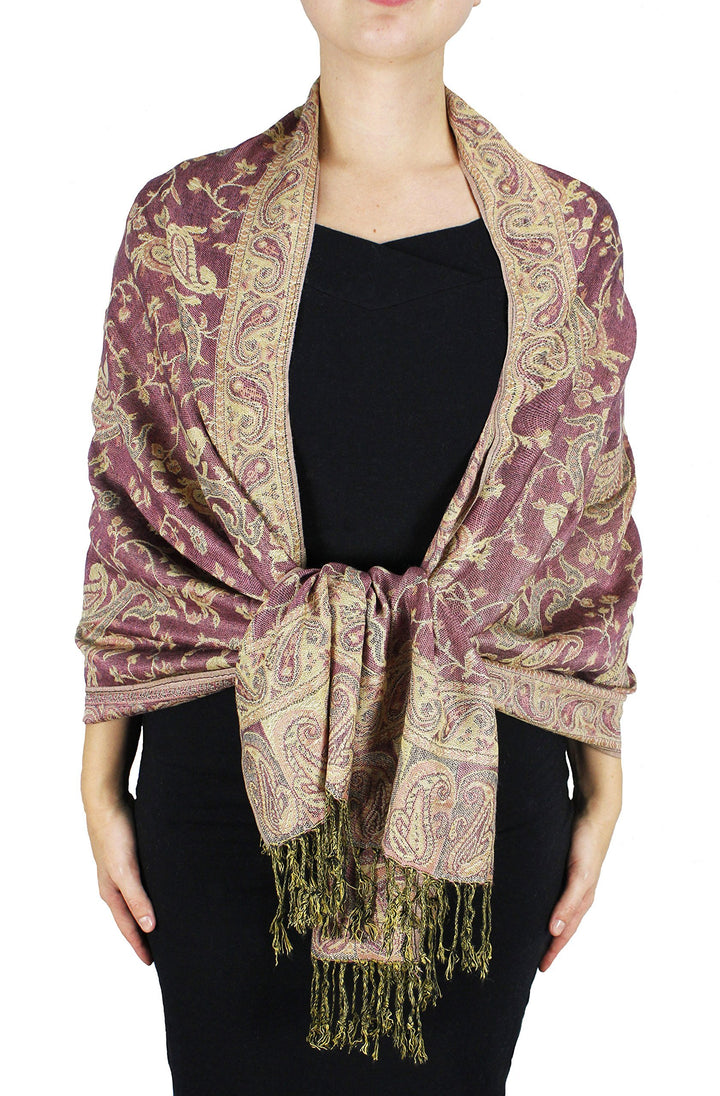 Pink peach and tan reversible double-layer pashmina shawl with an intricate jacquard paisley pattern and delicate fringe trim.
