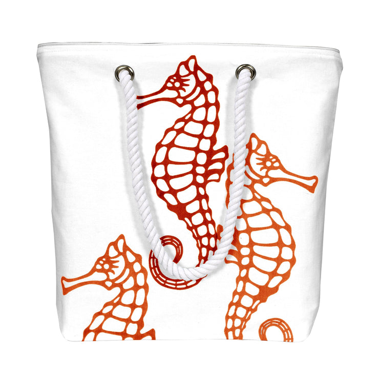 Premium Cotton Canvas Beach Handbags Nautical Seahorse Design Bag - Red