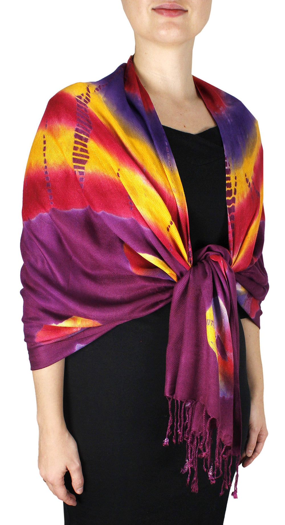 Vibrant grape and tangerine tie-dye pashmina shawl with soft fringed ends and a modern bohemian style.