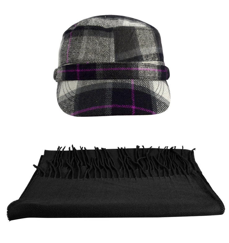 Black Plaid Cashmere Feel Insulated Cadet Hat and Scarf Set