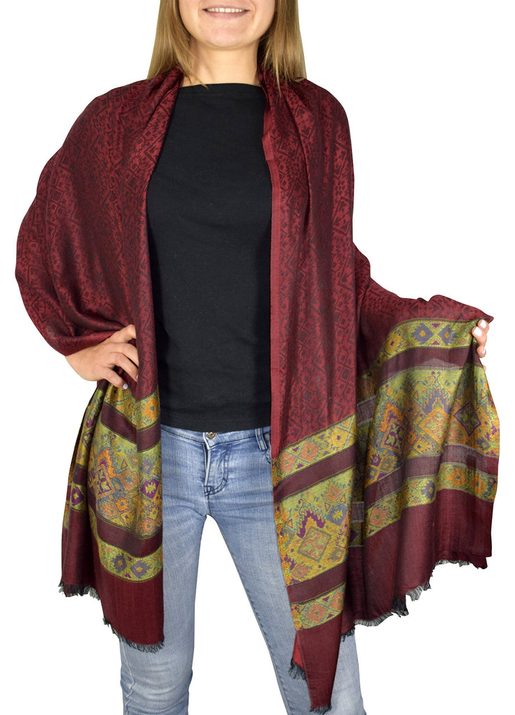 Tribal Maroon Peach Couture Exclusive Silky Shiny Tribal Paisley Printed Fringe Scarf